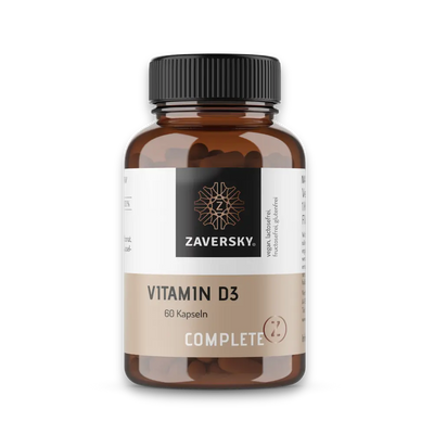 Zaversky Complete Z Vitamin D3, 60 Kapseln, braune Dose mit schwarzem Schraubverschluss und beigem Etikett.