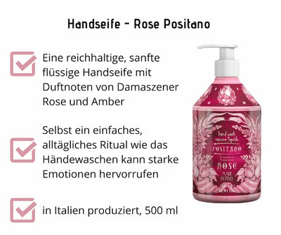 Flüssige Handseife Rose Positano in rosa Pumpflasche, 500 ml, mit Duftnoten von Damaszener Rose und Amber, hergestellt in Italien