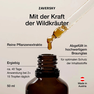 Zaversky Infografik mit Pipette und goldenem Tropfen über offener Braunglasflasche, Hinweise zu Pflanzenextrakten, 50 ml und Made in Austria