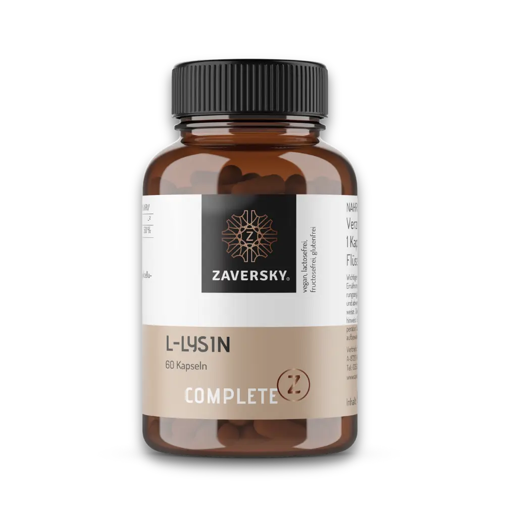 Braune Kapseldose Complete Z L-Lysin von Zaversky, 60 Kapseln, mit Etikett vegan, lactose- und glutenfrei.